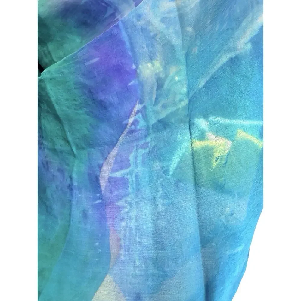 Hand Made Silk Scarf Ocean Blue Purple Sheer Wrap Art To Wear 34x 34”